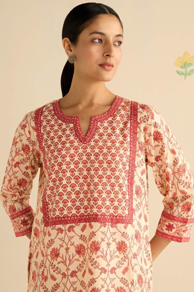 Cream Hand Printed Cotton Kaftan