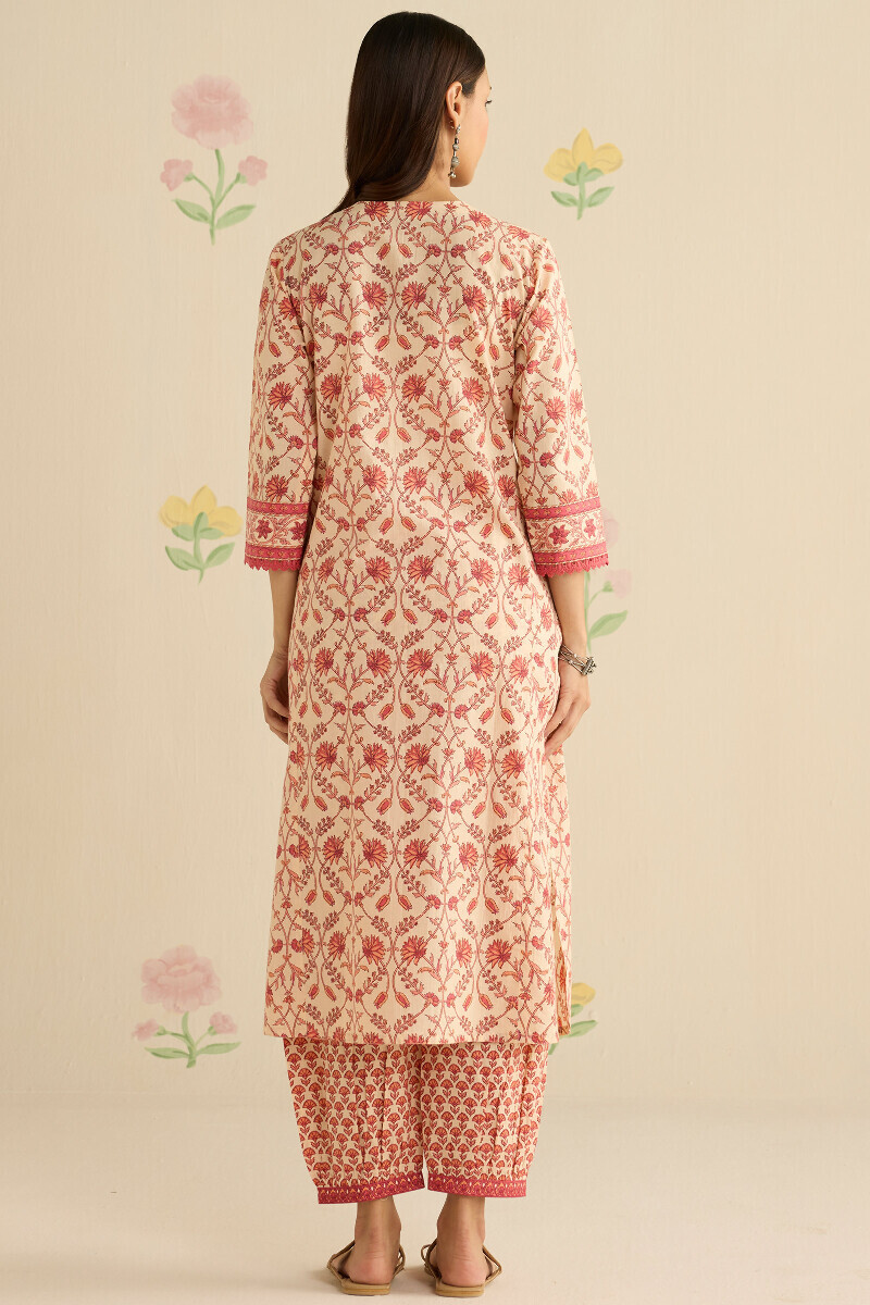 Cream Hand Printed Straight Cotton Kurta
