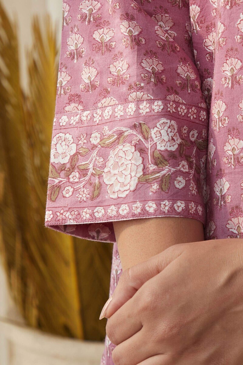 Pink Hand Block-Printed Straight Cotton Kurta