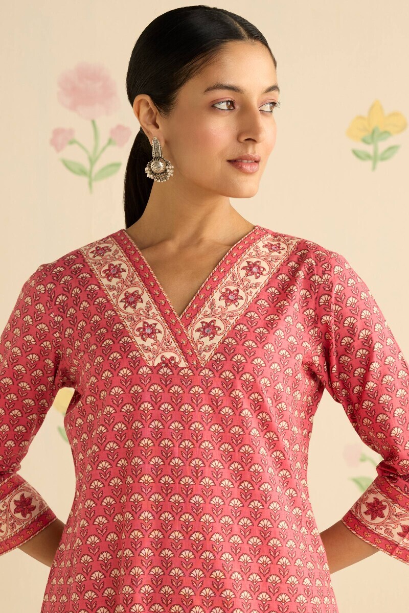 Pink Hand Printed Straight Cotton Kurta