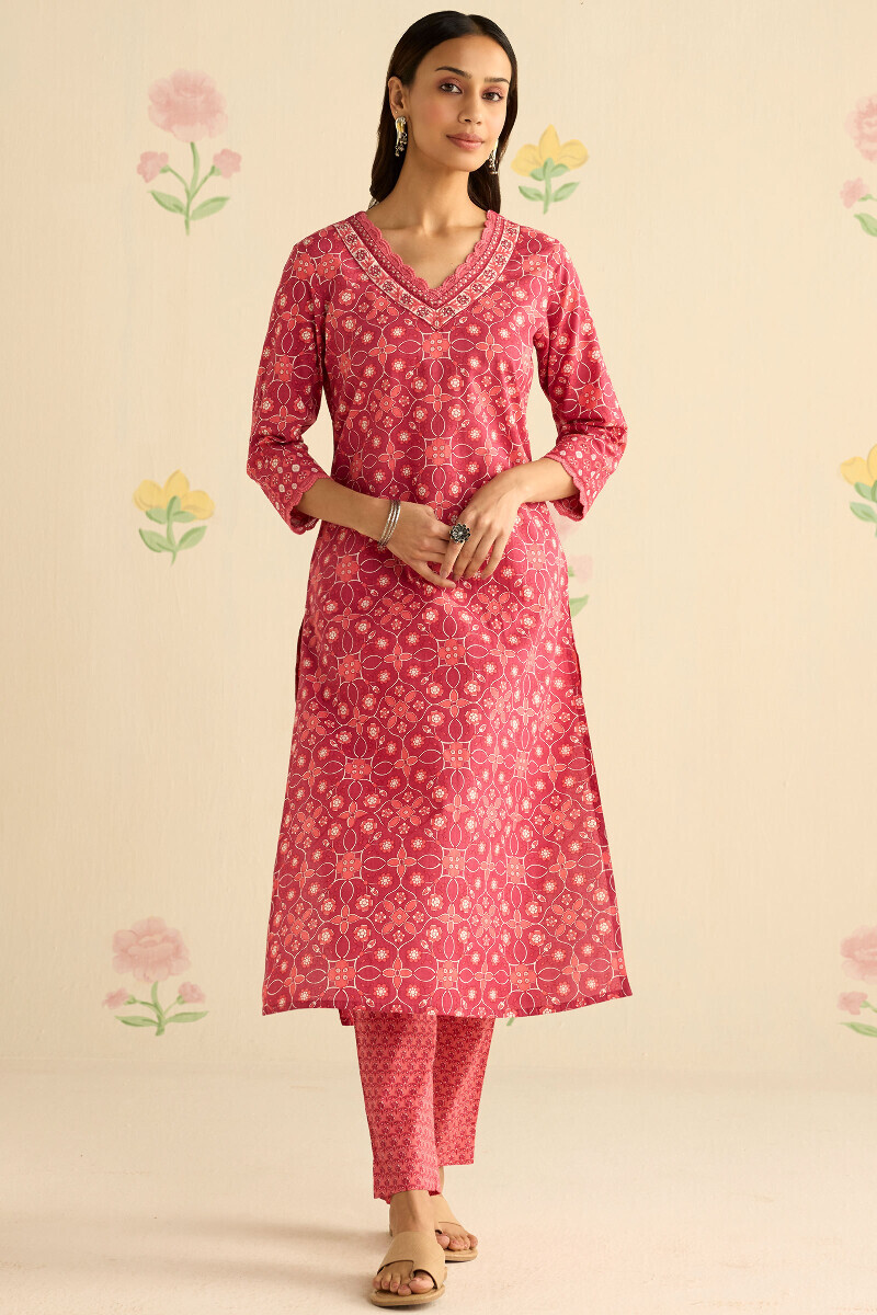Pink Hand Printed Straight Cotton Kurta