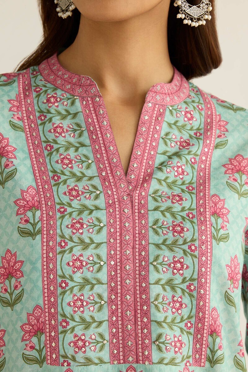 Blue Printed Straight Cotton Kurta