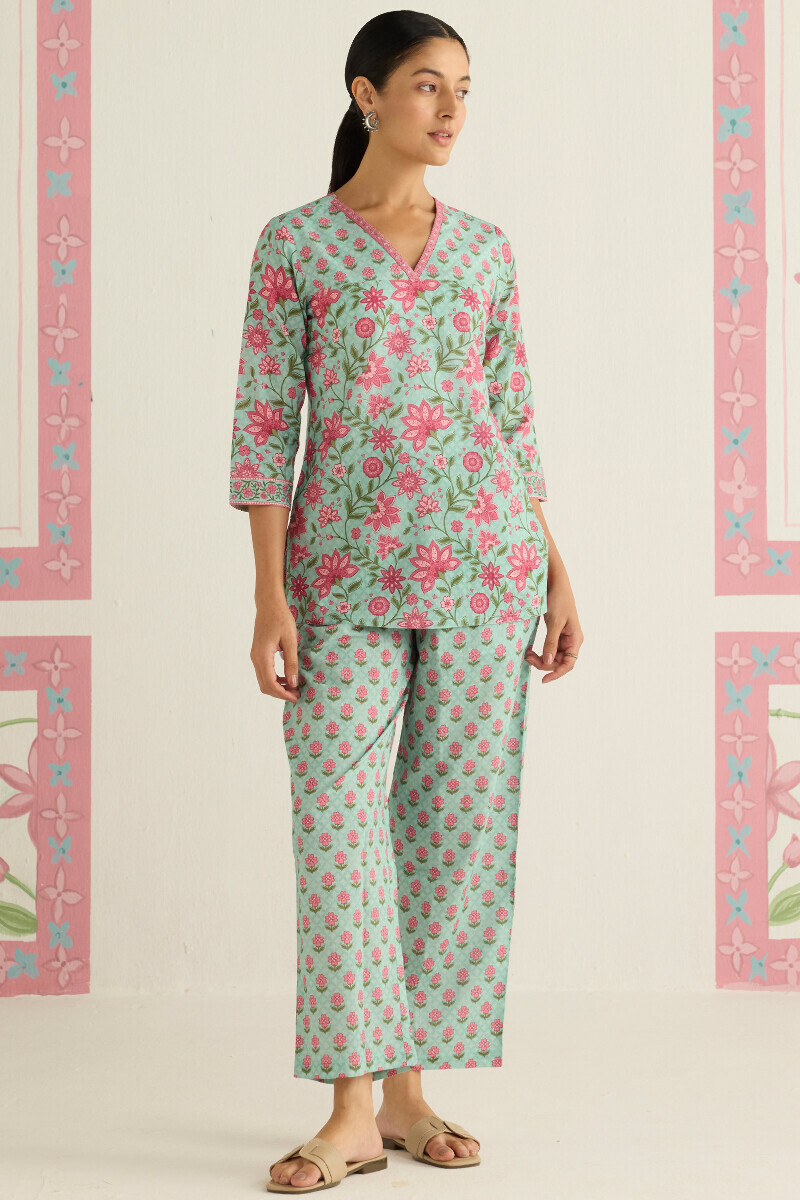 Blue Printed Cotton Loungewear Set