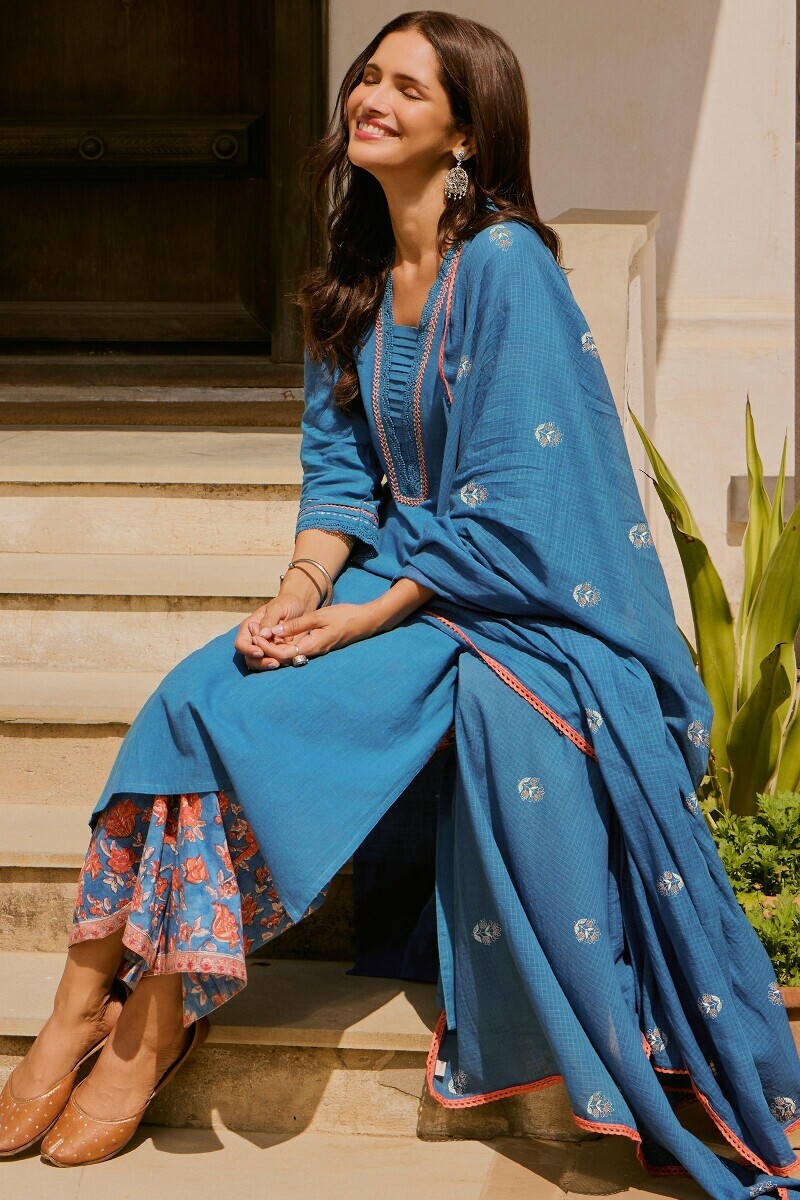 Blue Handcrafted Straight Gauze Slub Kurta