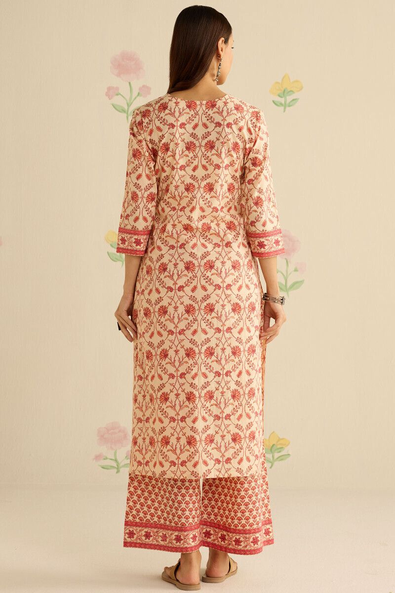 Cream Hand Printed Straight Cotton Kurta