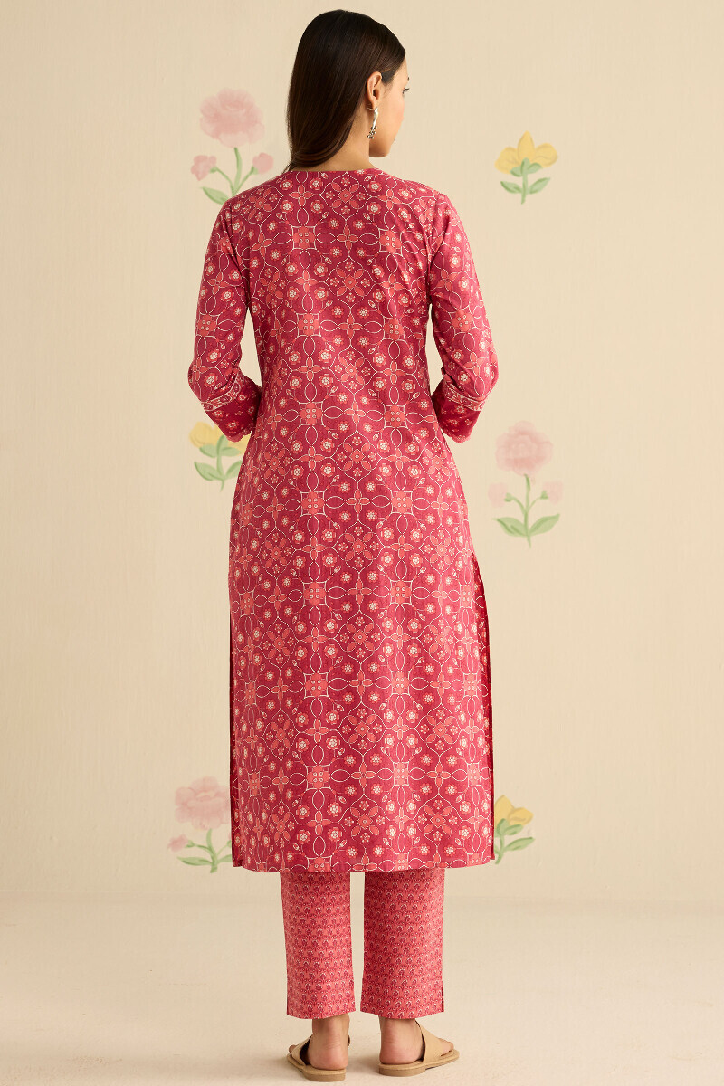 Pink Hand Printed Straight Cotton Kurta