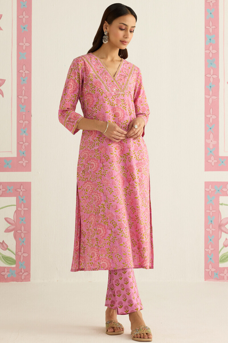 Purple Hand Block Printed Straight Cotton Kurta