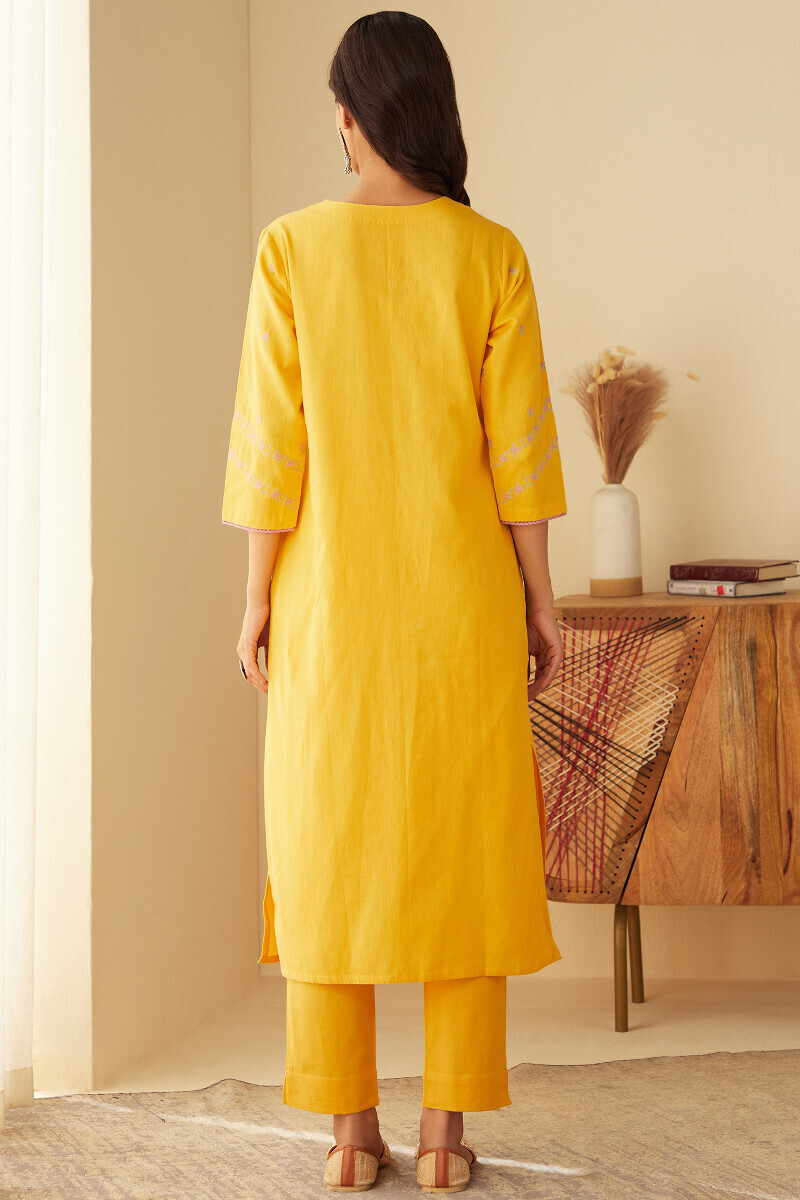 Yellow Handcrafted Straight Cotton Flax Kurta