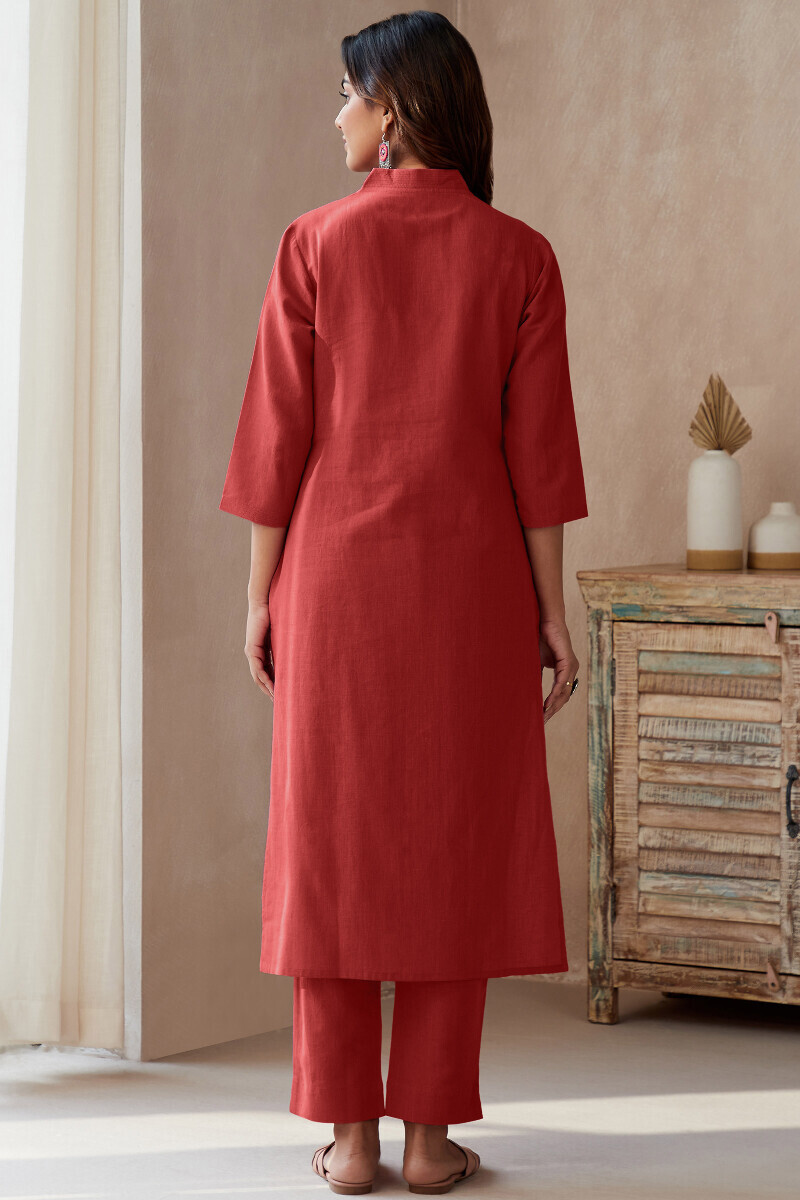 Brick Red Handcrafted Straight Cotton Flax Kurta