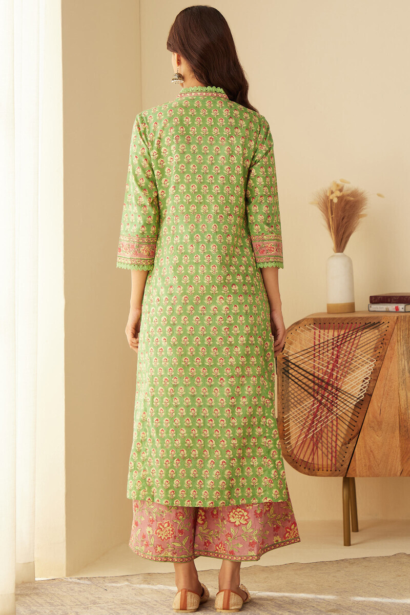 Green Hand Block-Printed Straight Cotton Kurta