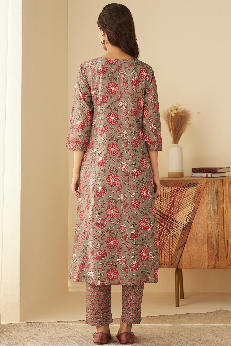 Grey Printed Straight Cotton Kurta