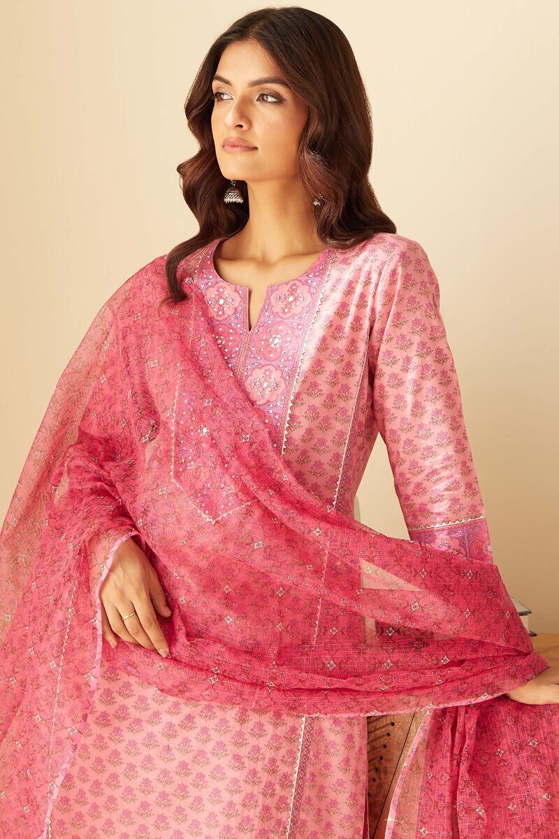 Pink Hand Printed Straight Cotton Kurta