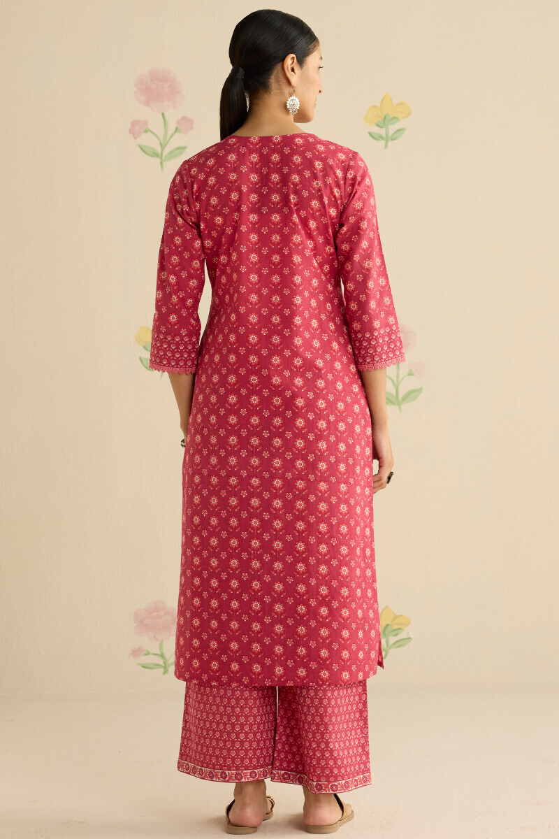Pink Hand Printed Straight Cotton Kurta