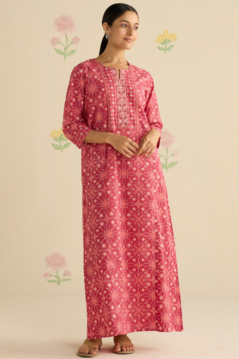 Pink Hand Printed Cotton Kaftan