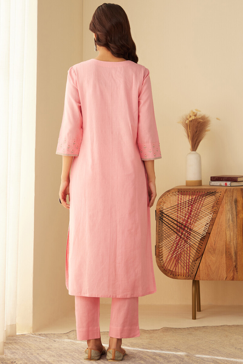 Pink Handcrafted Straight Cotton Flax Kurta