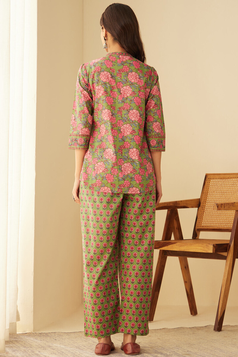 Green Hand Printed Cotton Loungewear Set