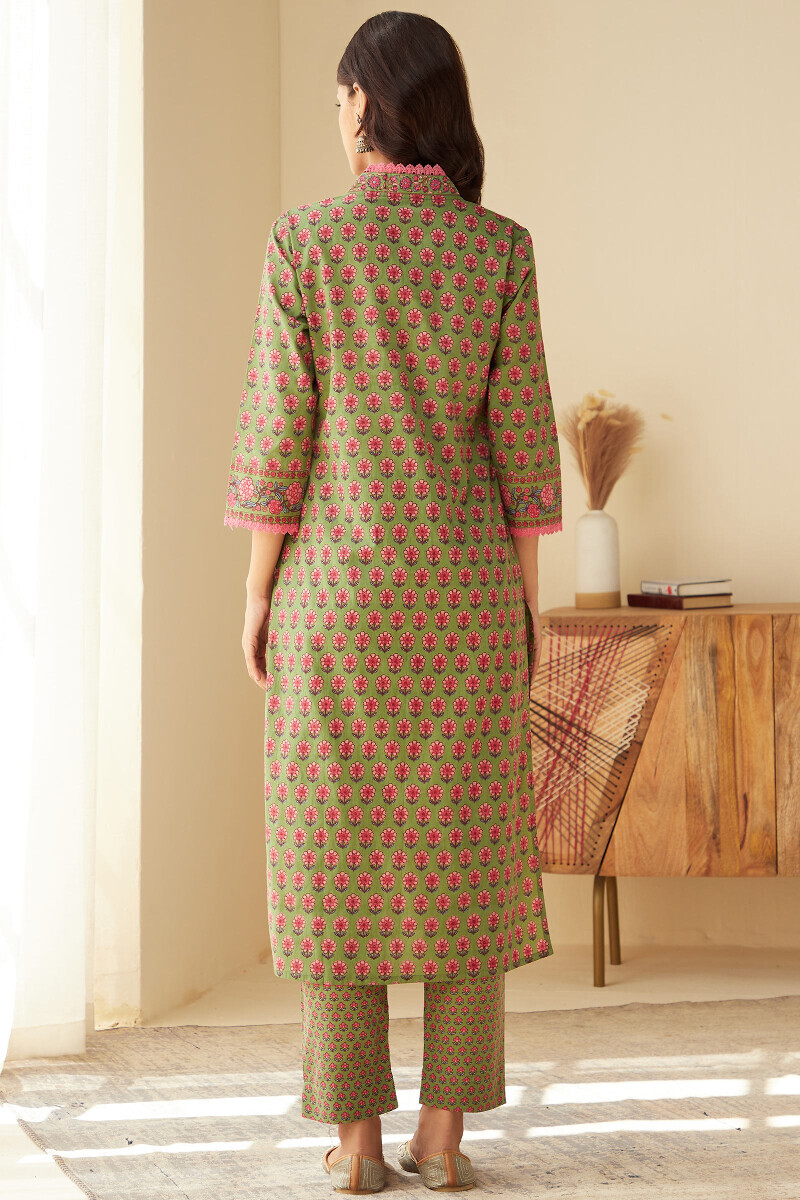 Green Hand Printed Straight Cotton Kurta