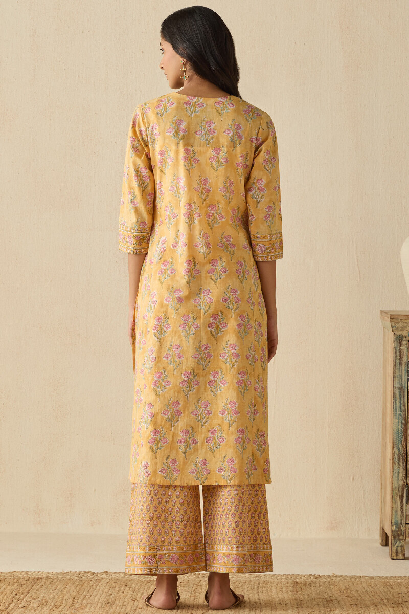 Yellow Hand Block Printed Straight Cotton Slub Kurta