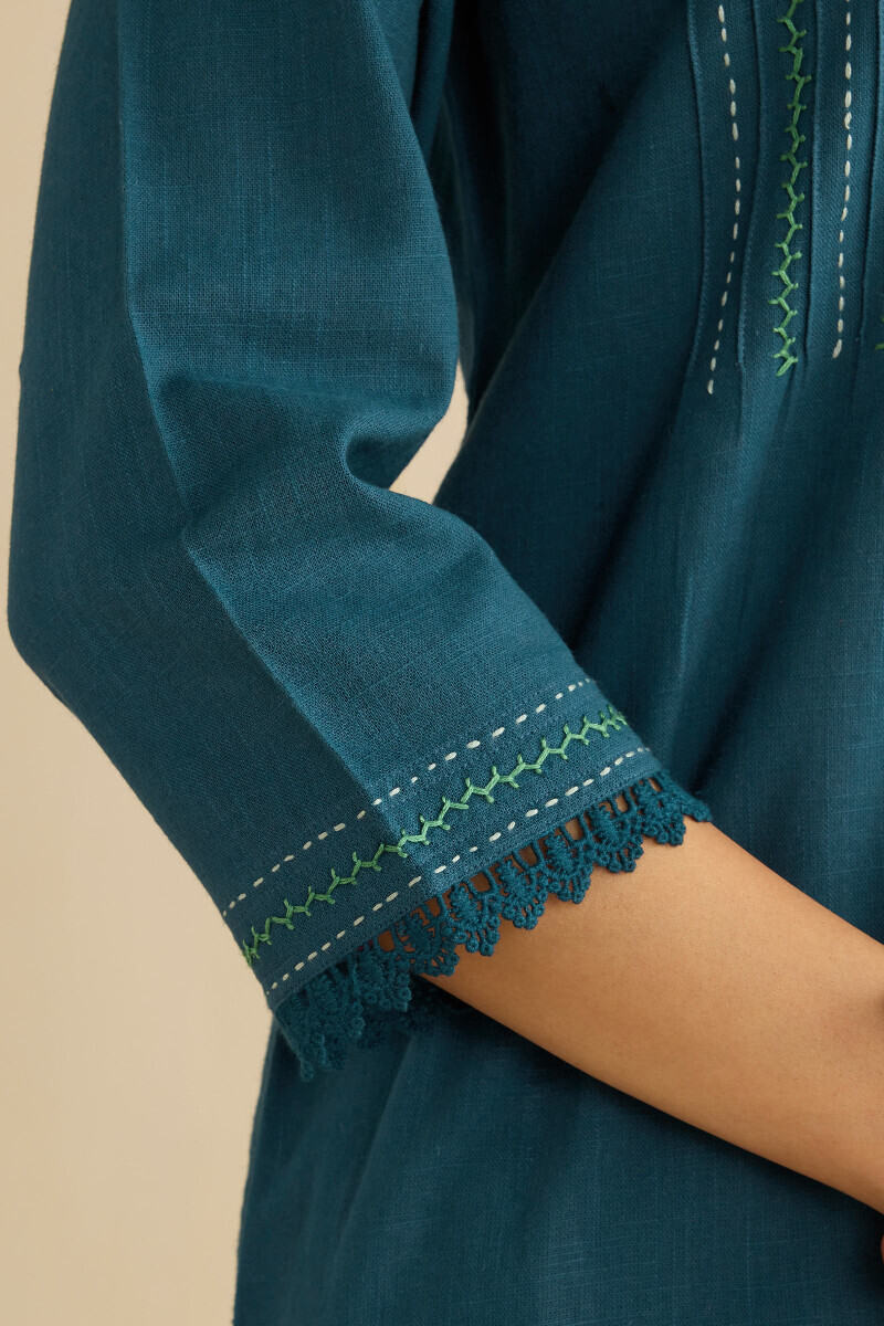 Navy Blue Handcrafted Straight Gauze Slub Kurta