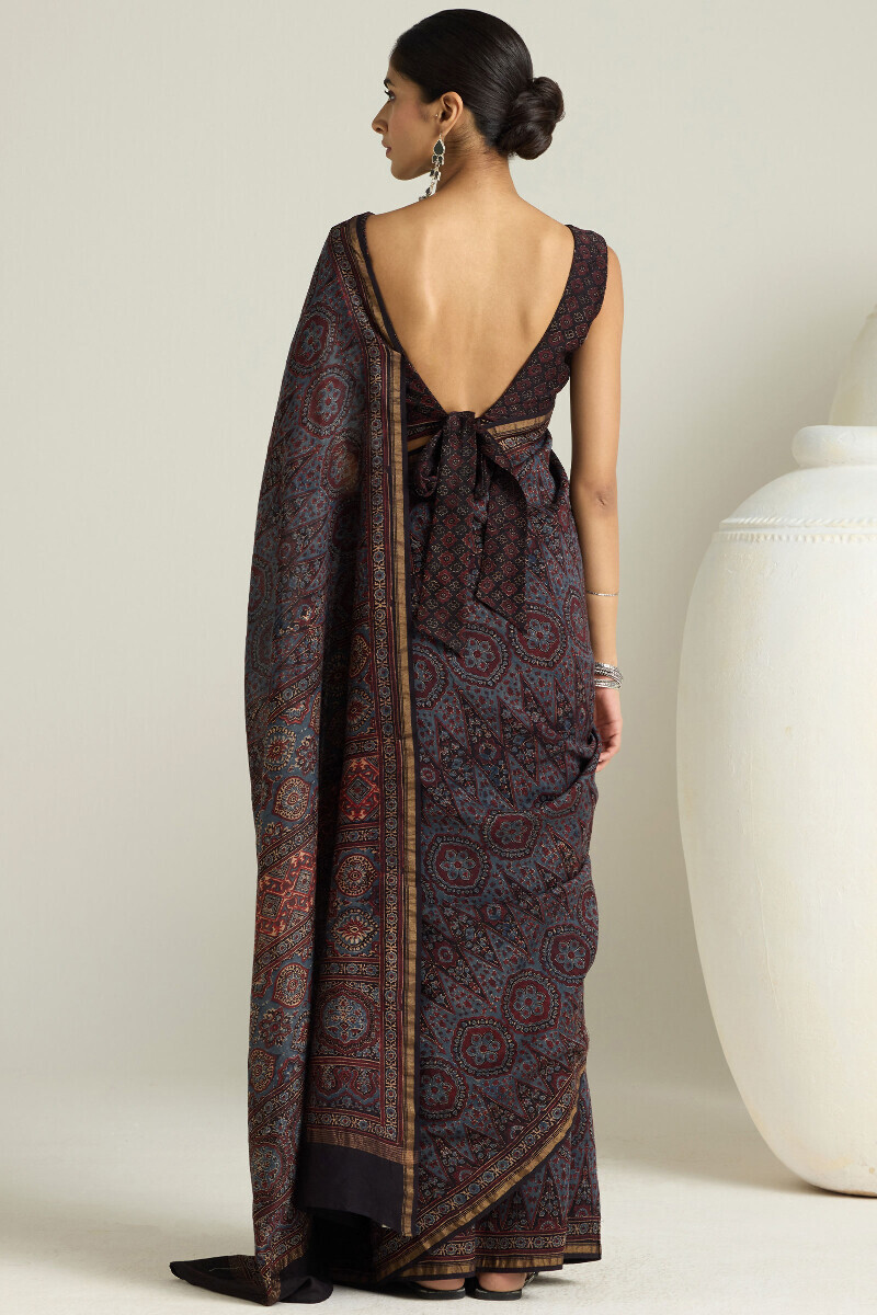 Ajrakh Hand Block-Printed Chanderi Saree