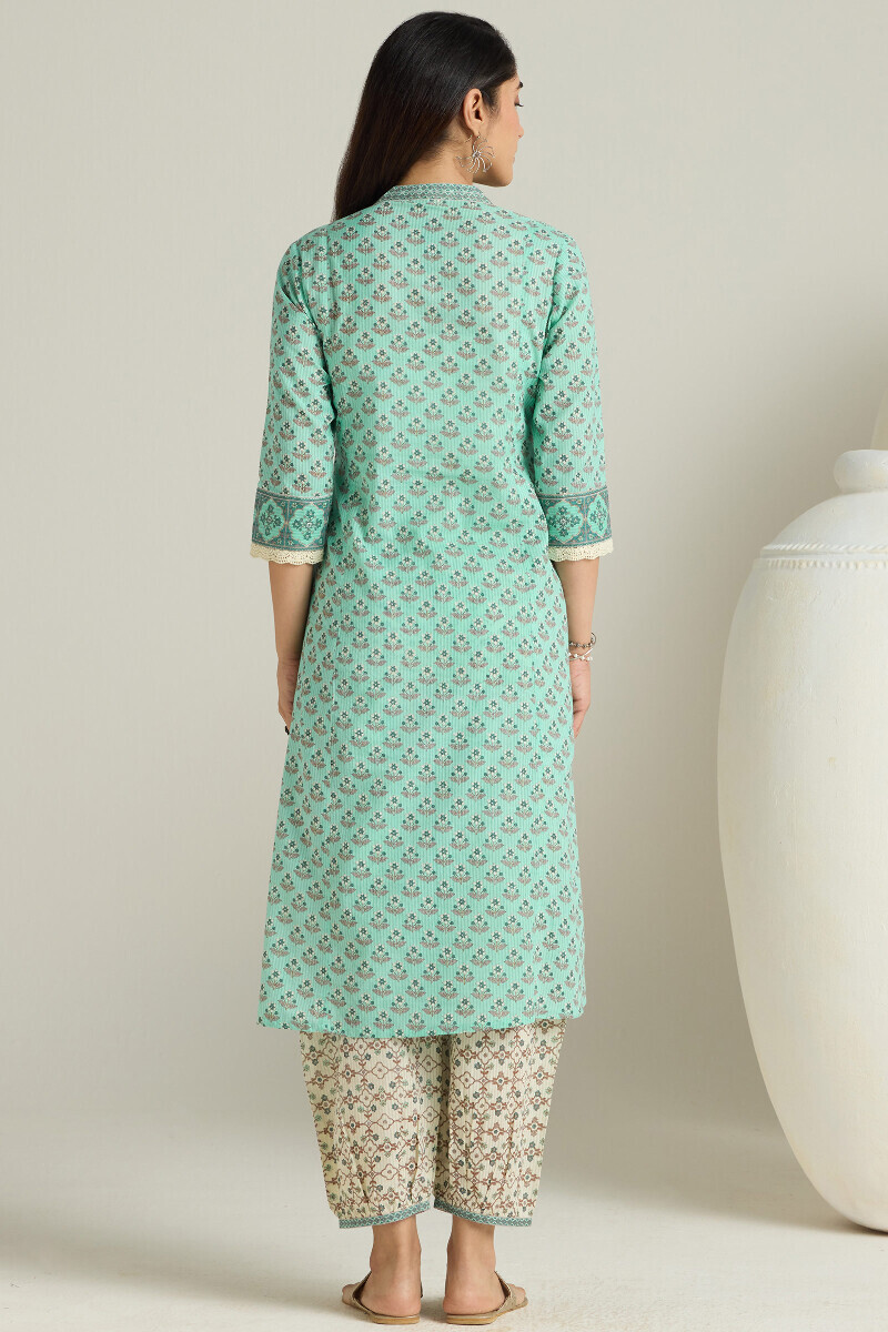 Blue Hand Printed Angrakha Cotton Dobby Kurta