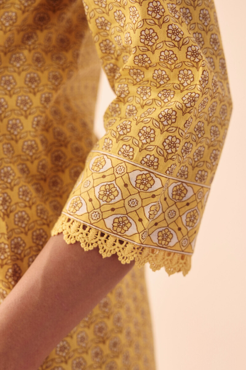 Yellow Hand Printed Straight Cotton Kurta
