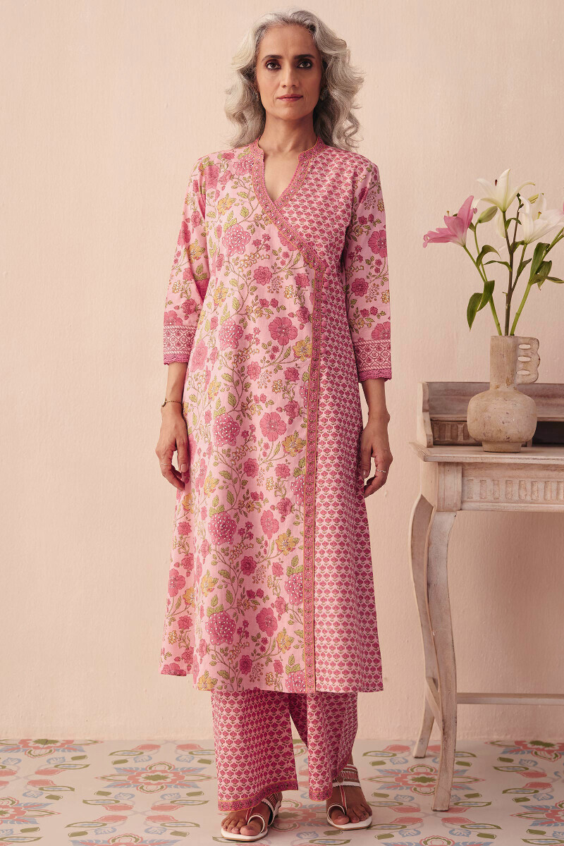 Pink Hand Printed Angrakha Cotton Kurta