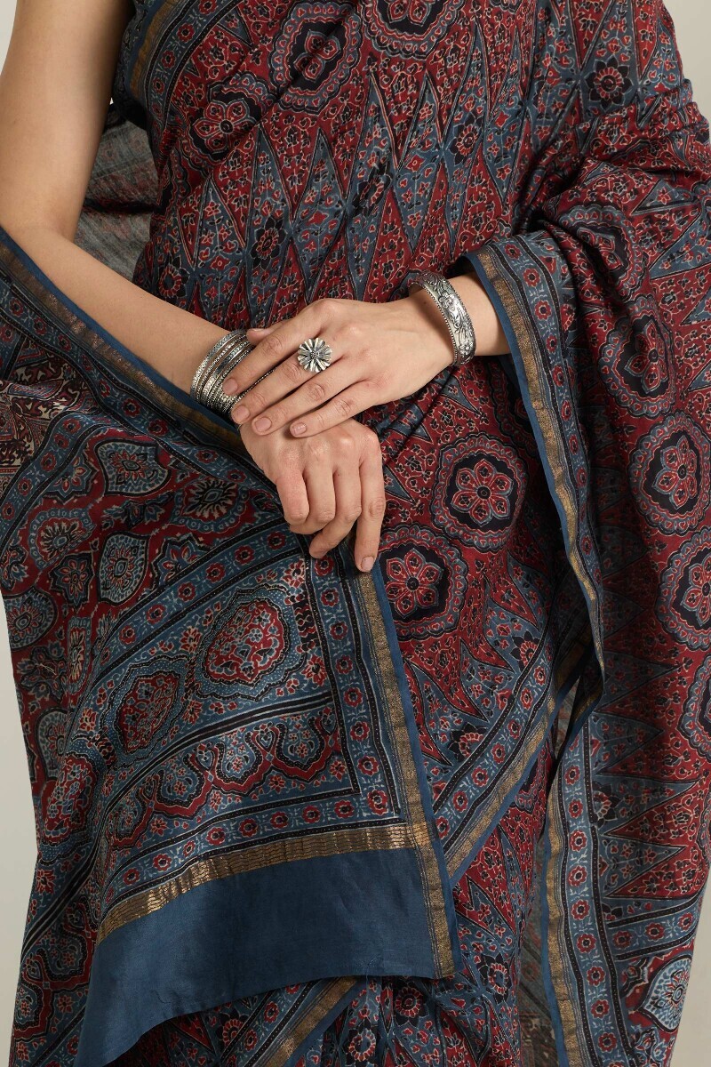 Indigo Hand Block Printed Chanderi Saree