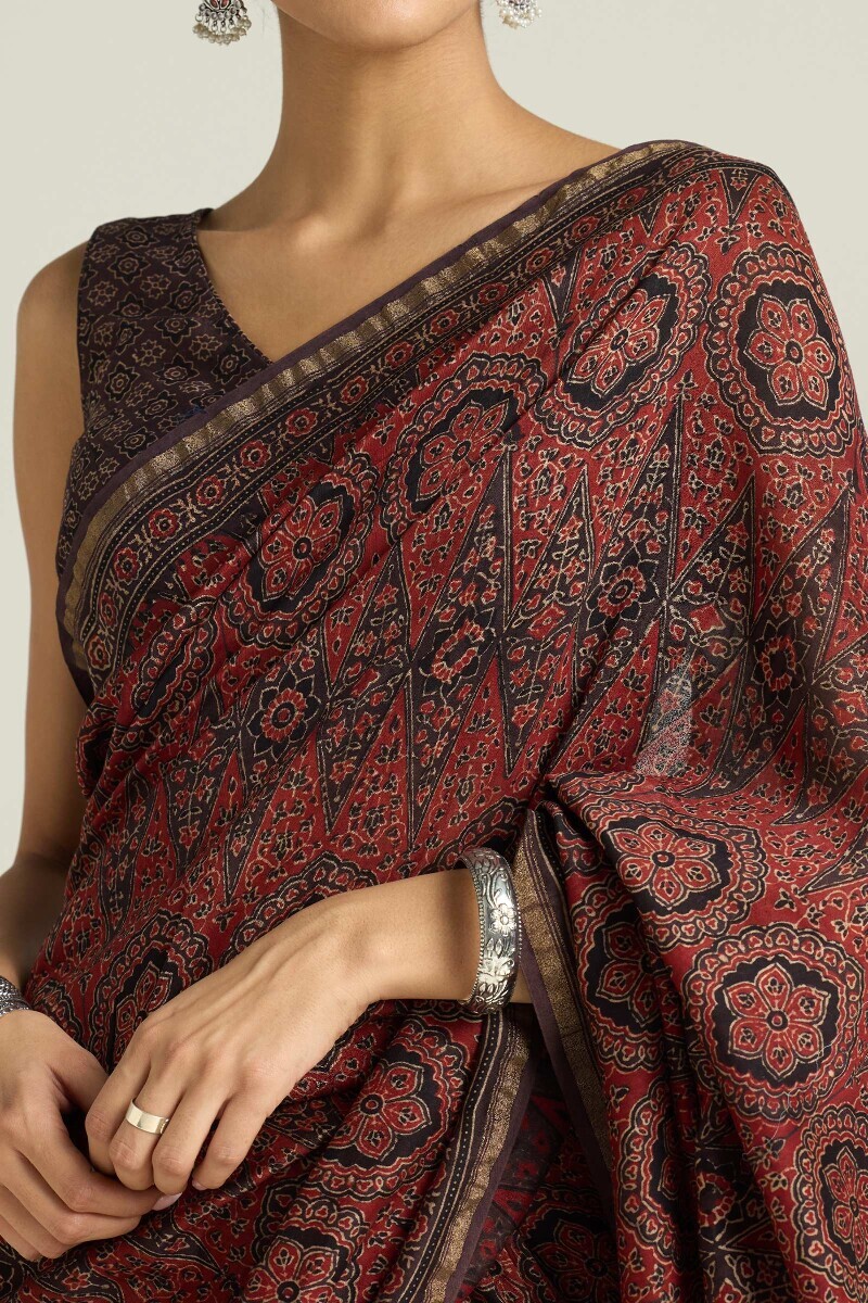 Red Hand Block Printed Chanderi Saree