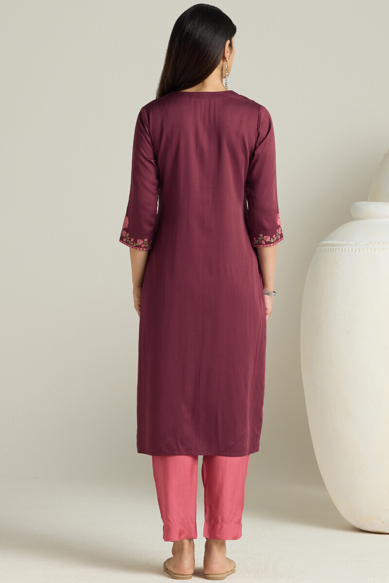 Purple Handcrafted Straight Modal Satin Kurta