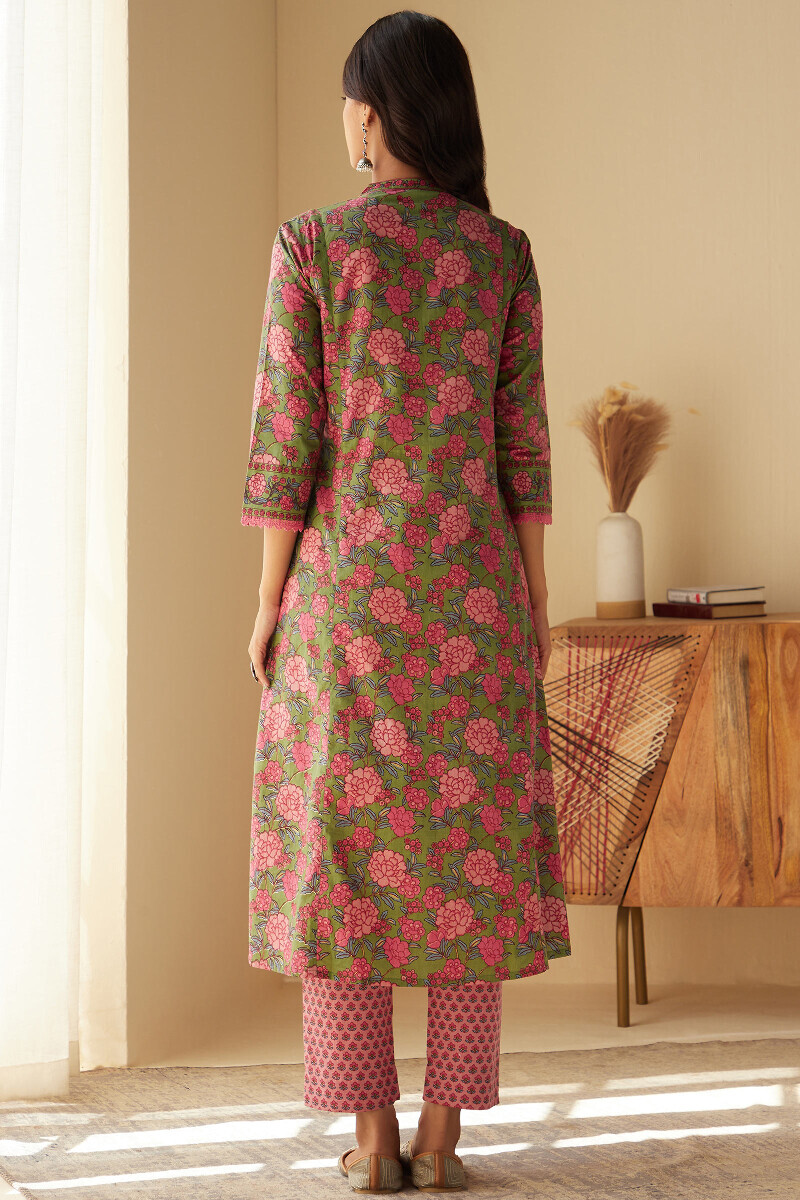 Green Hand Printed Angrakha Cotton Kurta