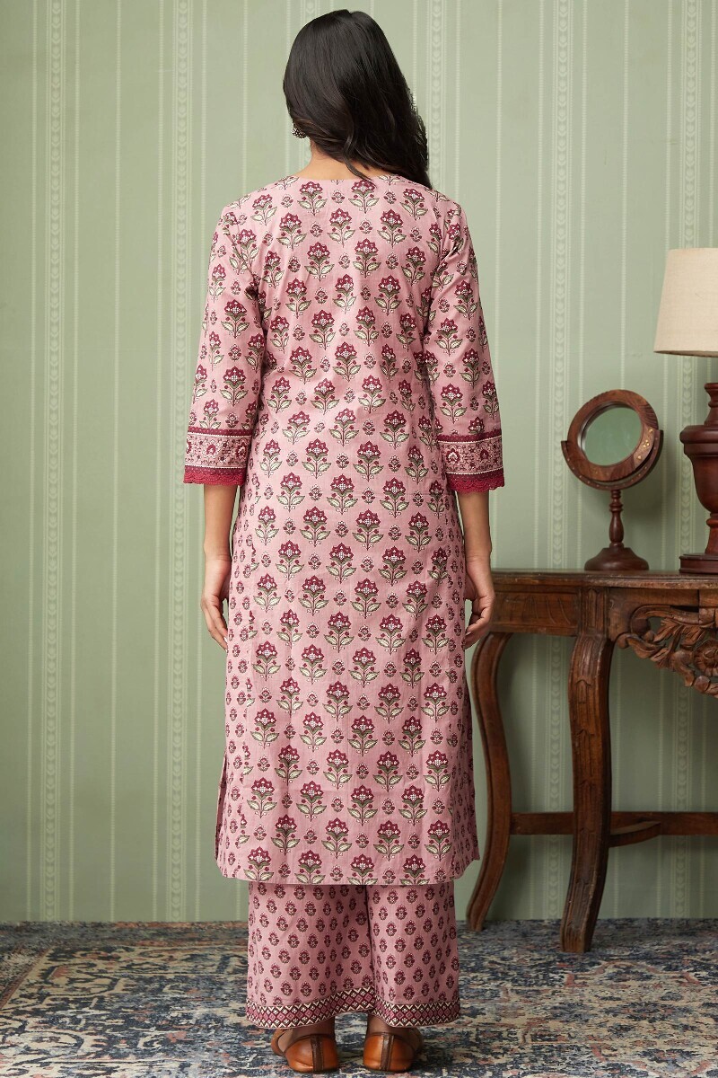 Pink Hand Printed Straight Cotton Kurta