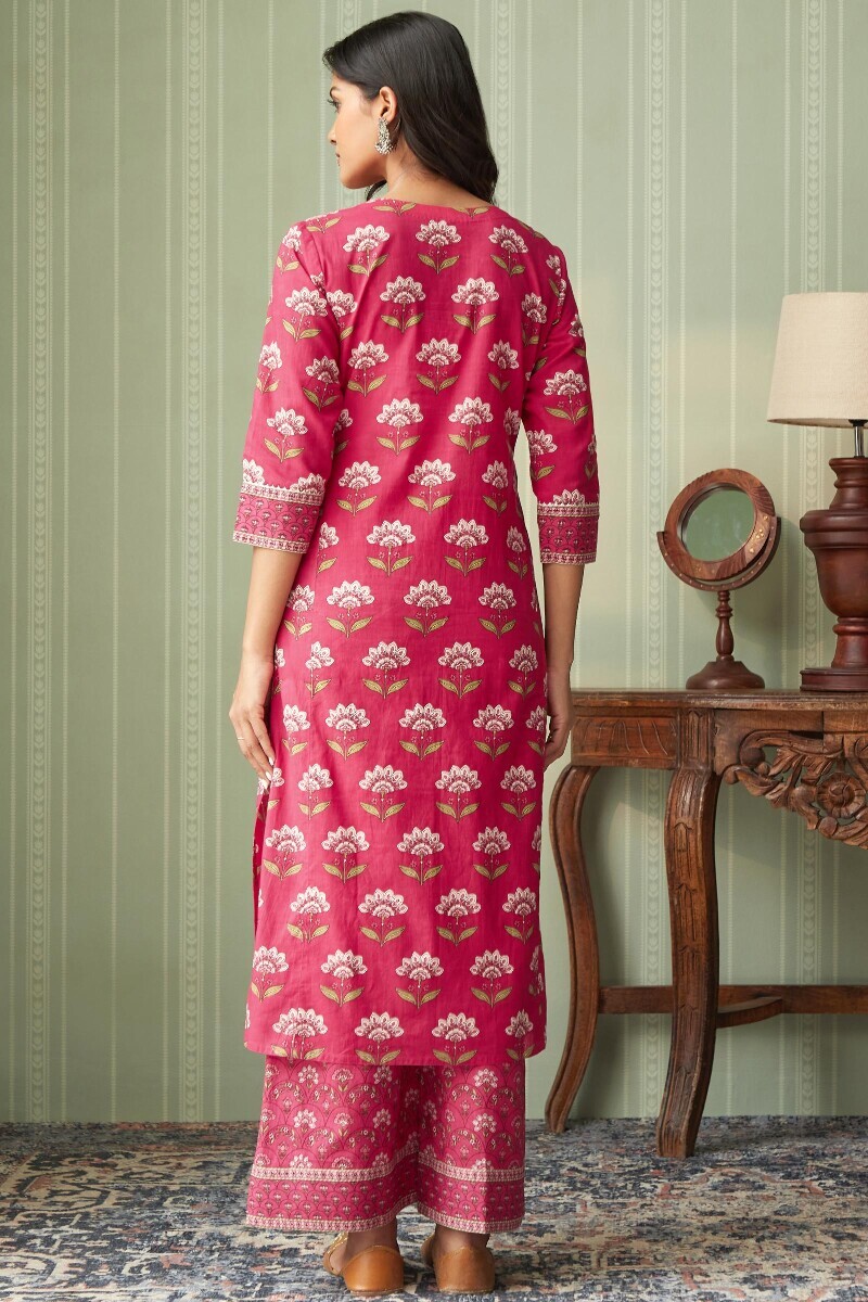 Pink Hand Printed Straight Cotton Kurta