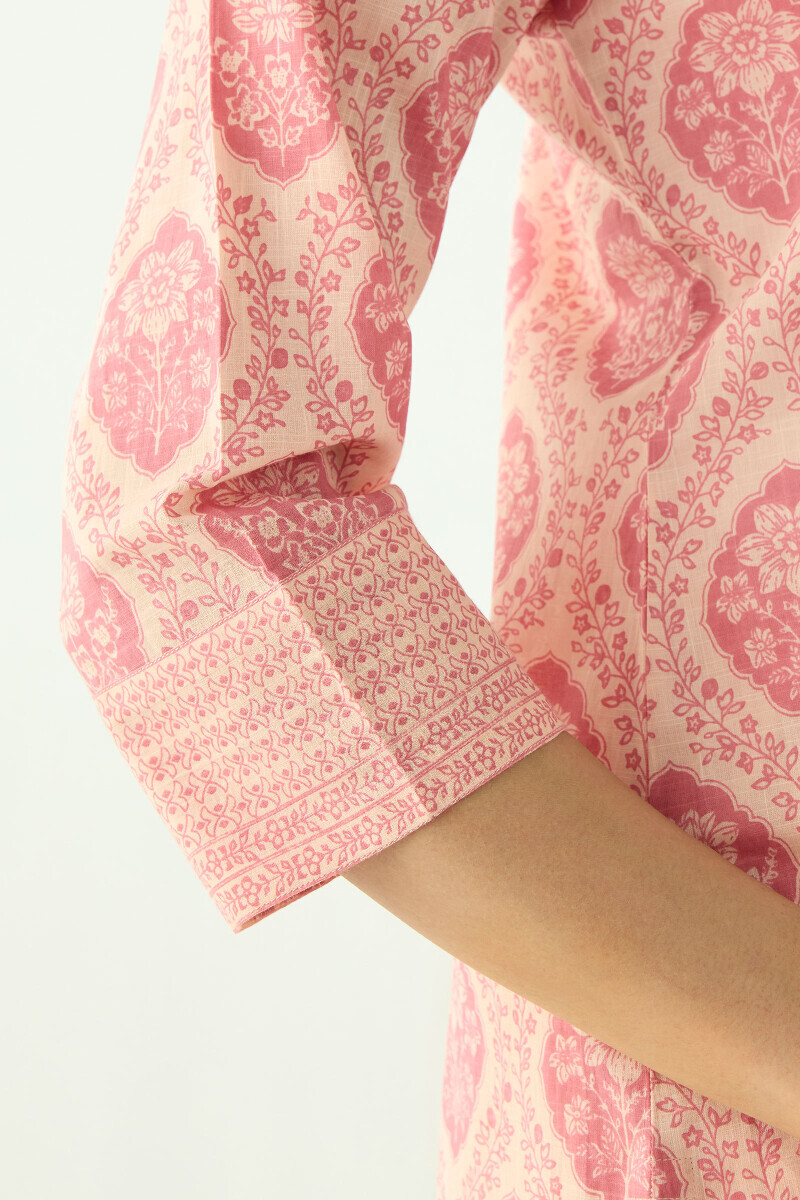 Pink Hand Printed Straight Cotton Slub Kurta