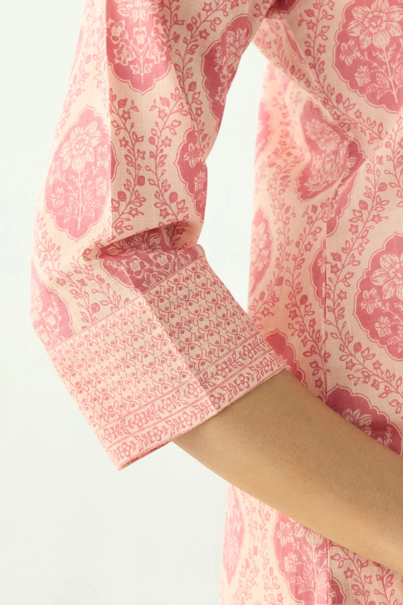 Pink Hand Printed Straight Cotton Slub Kurta