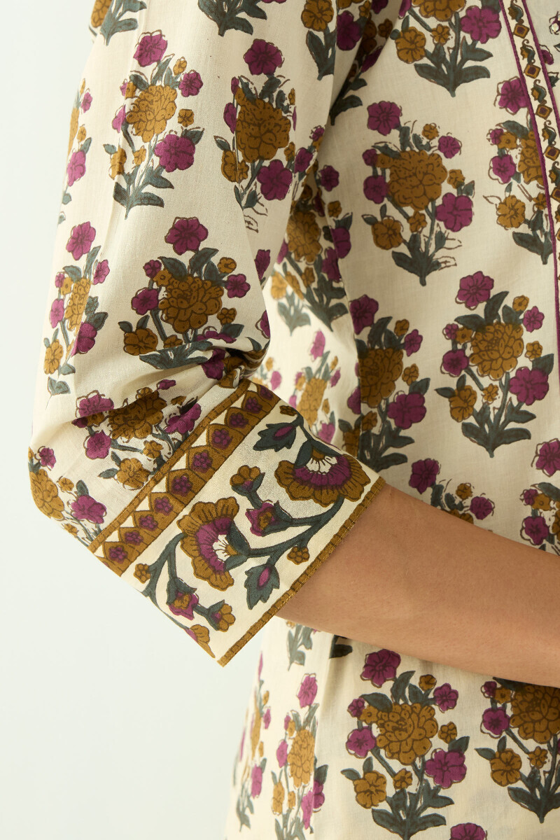 Cream Hand Printed Straight Cotton Kurta