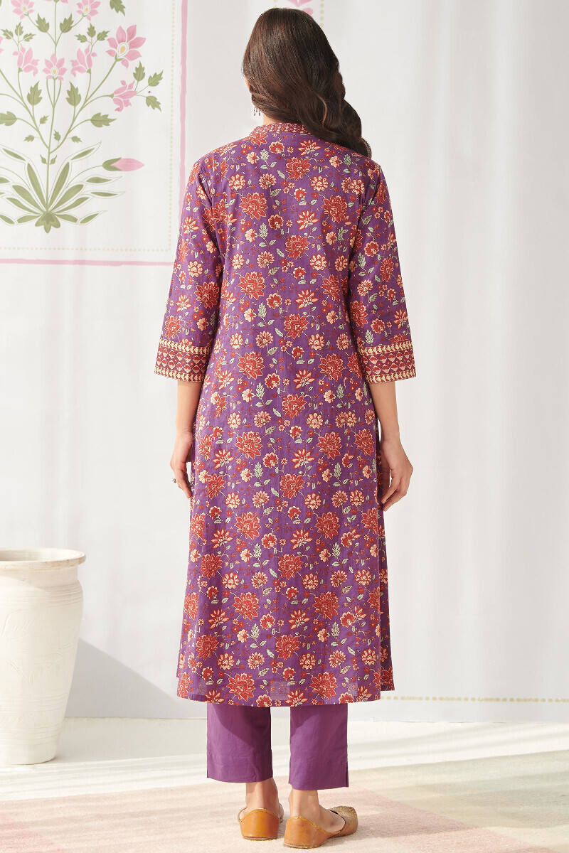 Purple Hand Printed Angrakha Cotton Kurta