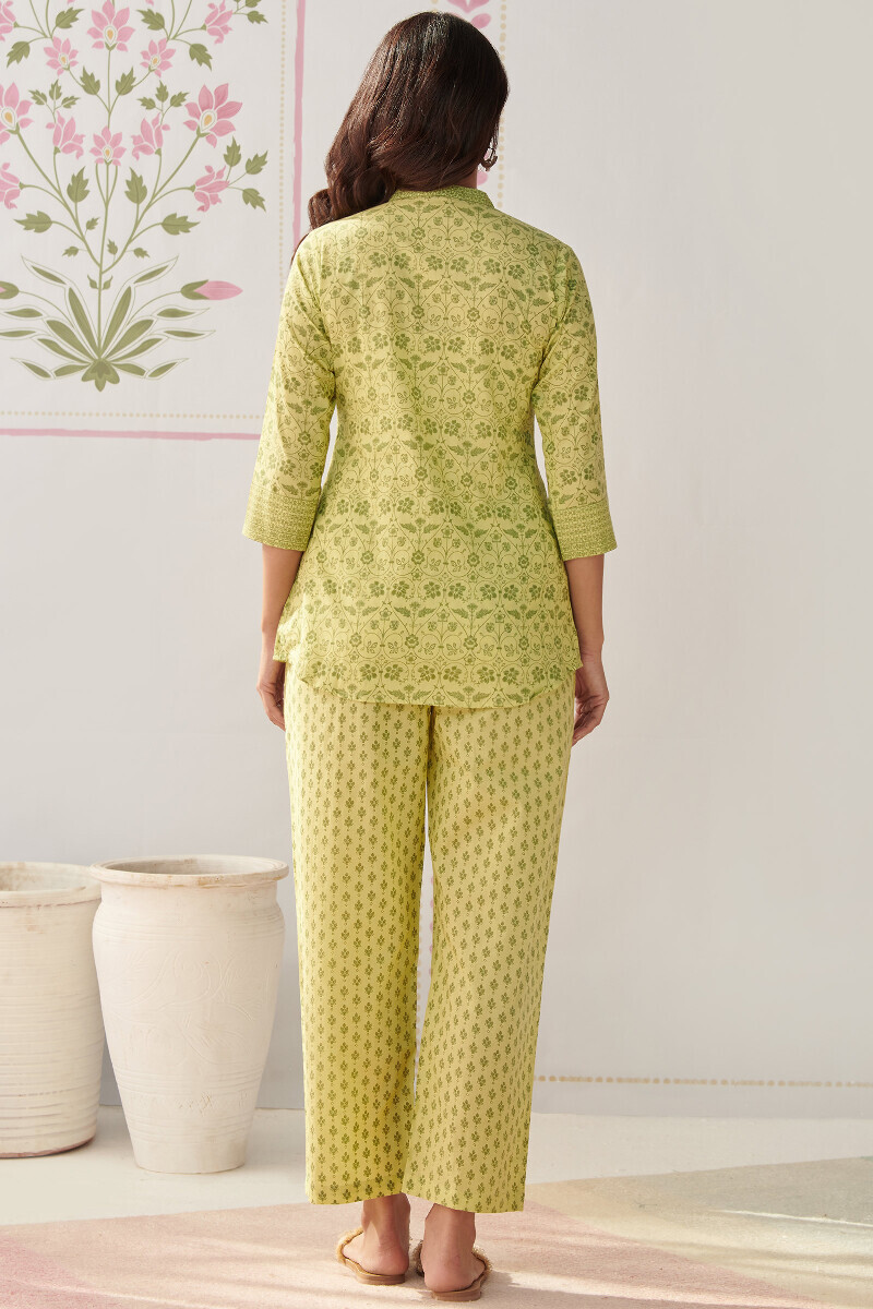 Lime Green Hand Printed Cotton Loungewear Set