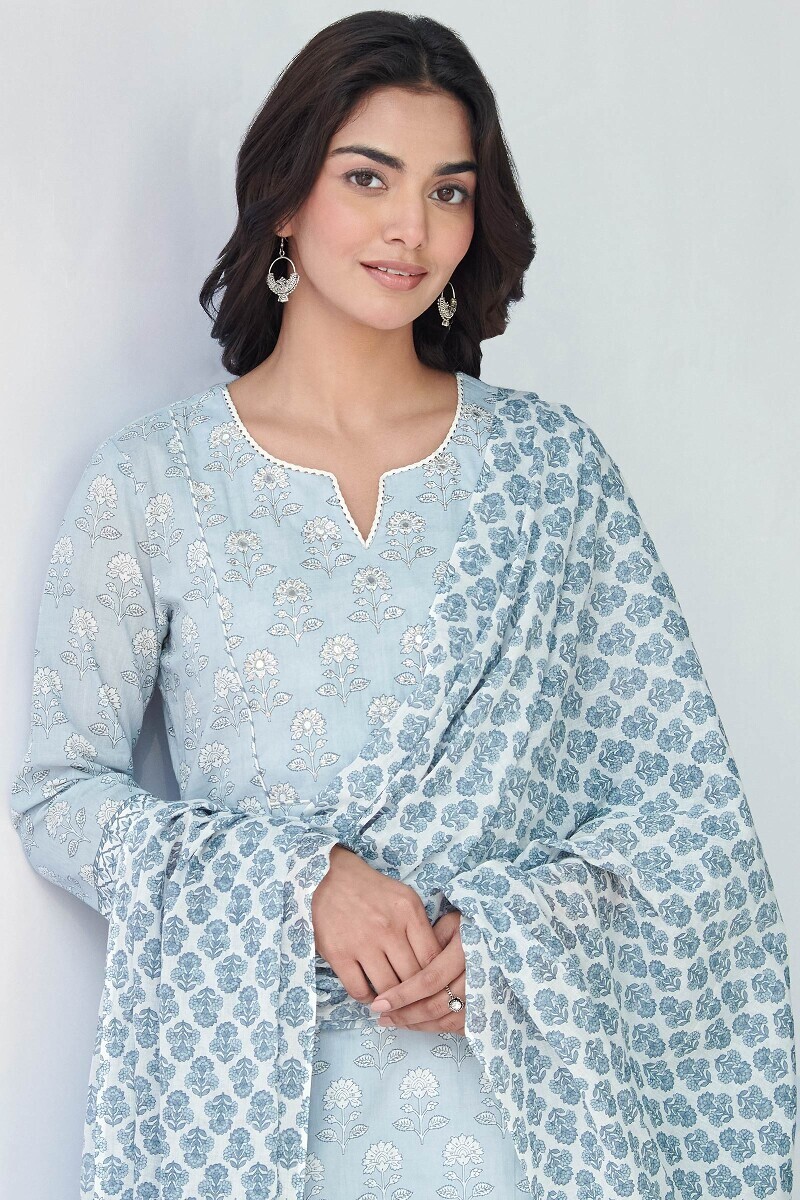 Blue Hand Printed Straight Cotton Kurta