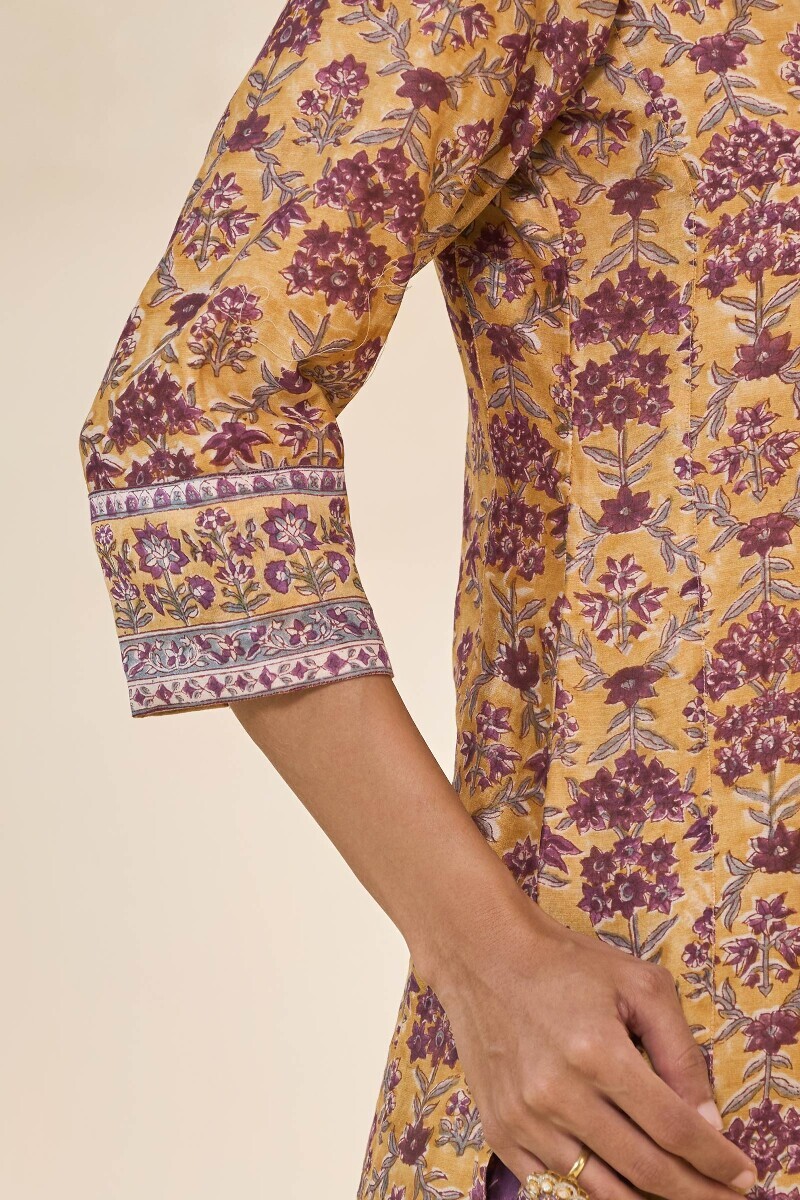 Yellow Hand Block-Printed Straight Chanderi Kurta