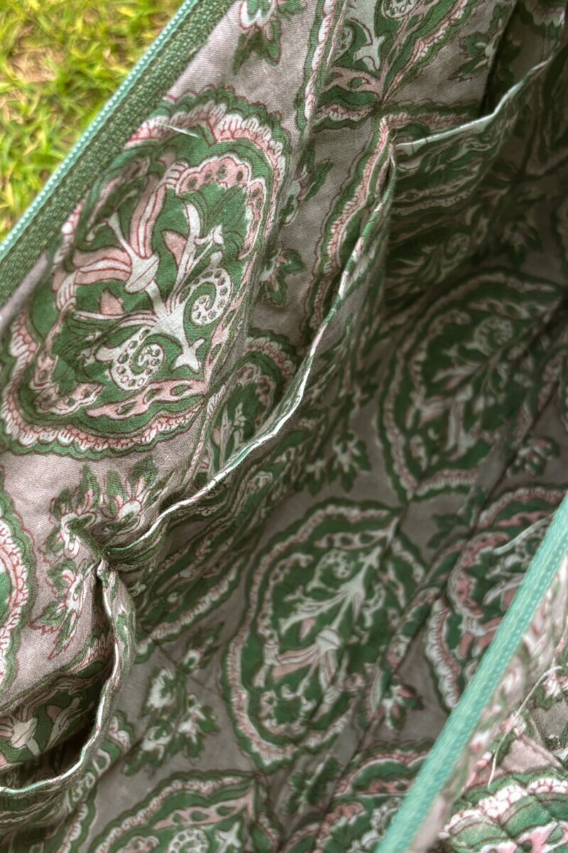 Grey Hand Block-Printed Cotton Duffel Bag