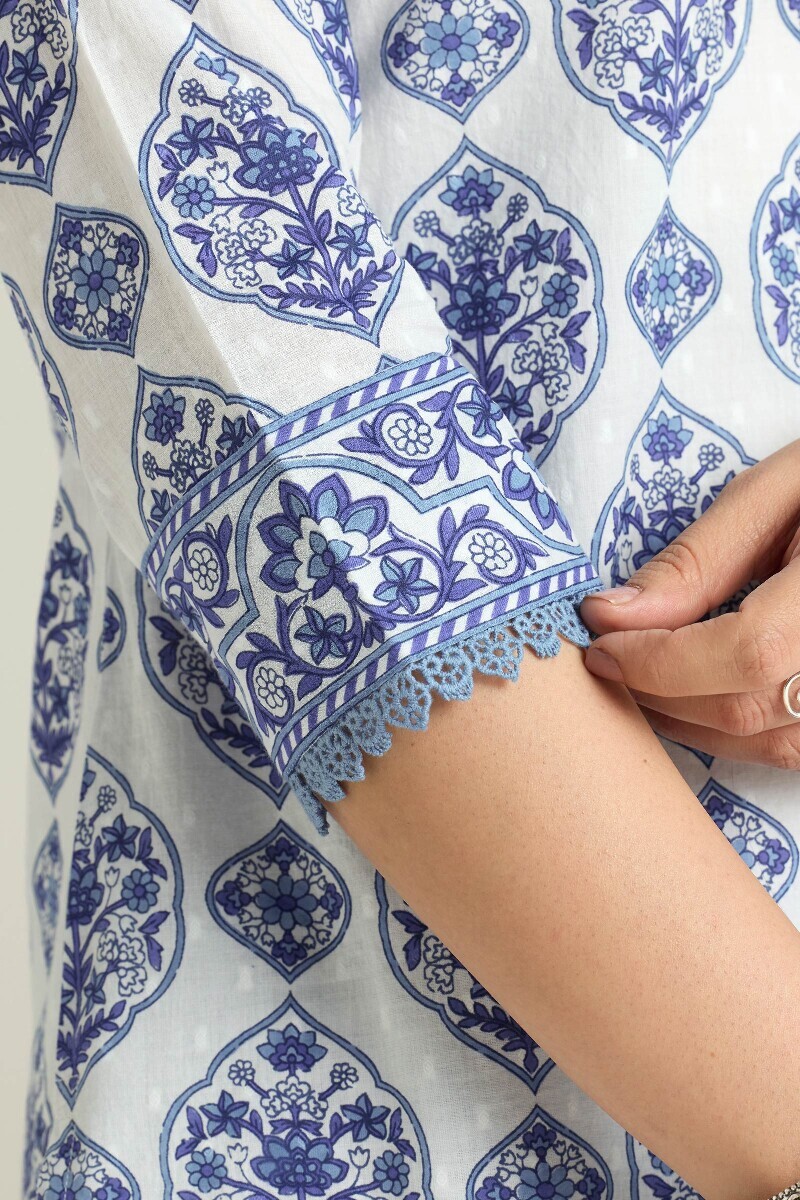 White Hand Printed Straight Cotton Dobby Kurta