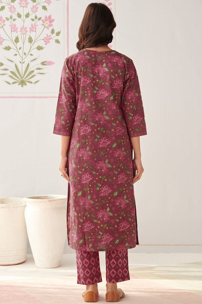 Mauve Hand Printed Straight Cotton Kurta