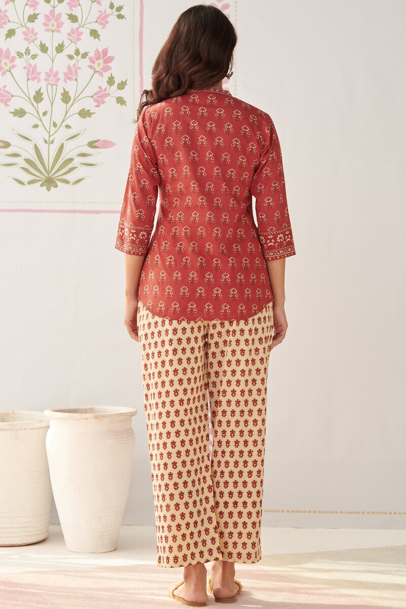 Red Hand Printed Cotton Loungewear Set