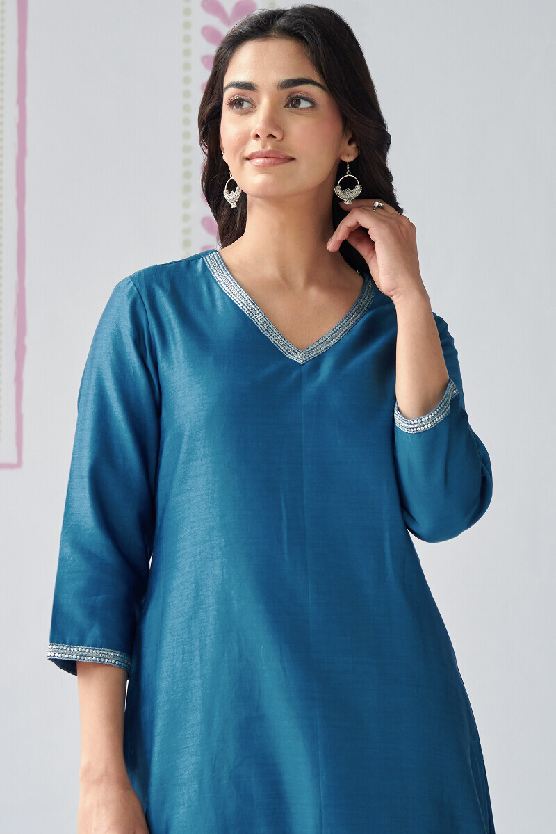 Blue Handcrafted Straight Chanderi Kurta