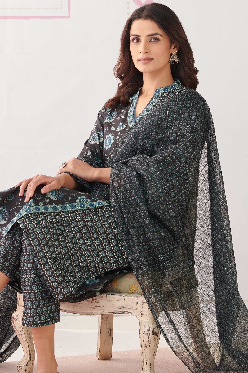 Black Hand Printed Angrakha Cotton Kurta