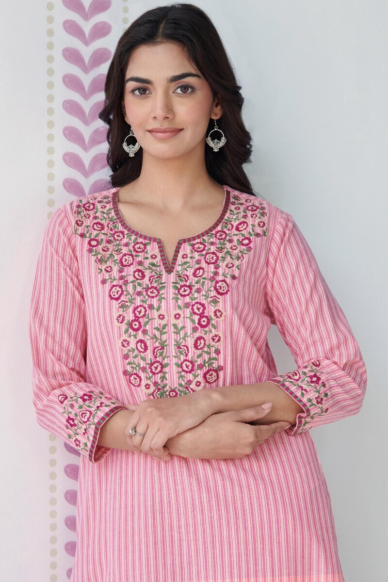 Pink Handcrafted Straight Cotton Kurta