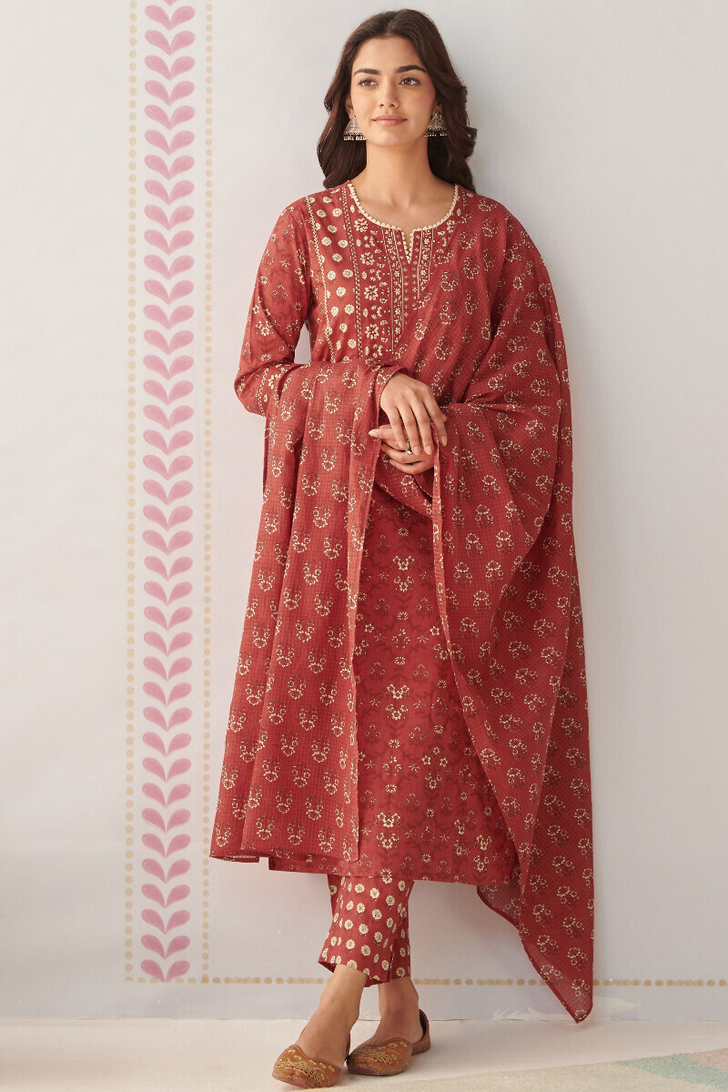 Red Hand Printed Straight Cotton Kurta