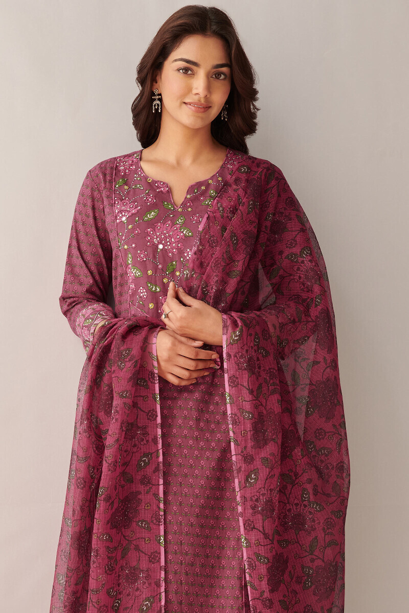 Mauve Handcrafted Straight Cotton Flax Kurta