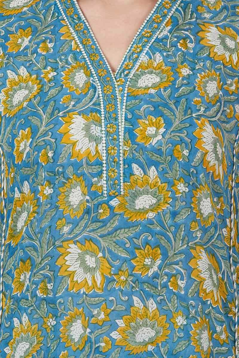 Blue Block Printed Straight Cotton Kurta